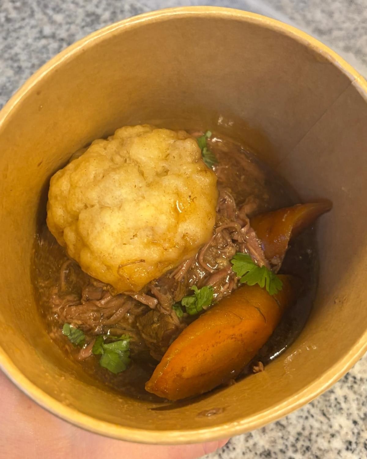 Slow-cooked beef stew with a suet dumpling, carrot and herbs in a takeaway pot