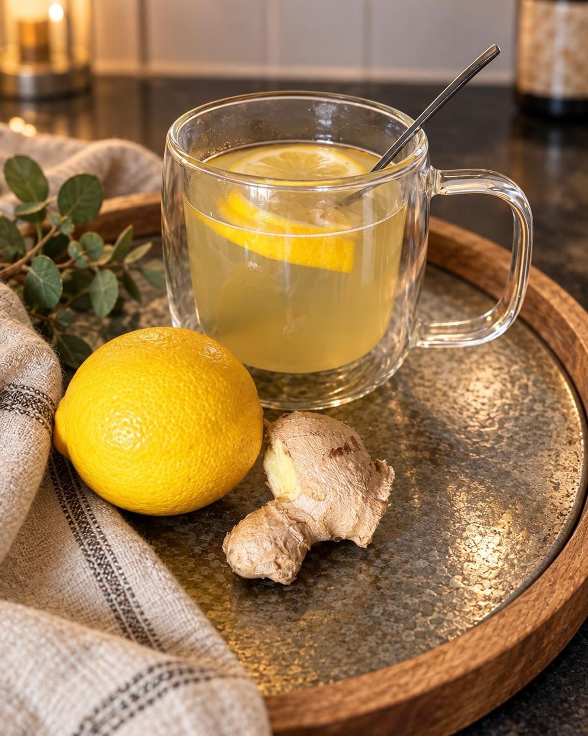 A glass mug of lemon and ginger tea with a fresh lemon and root ginger on a wooden tray