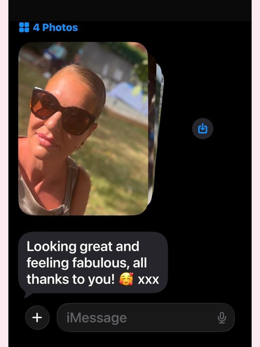 A client's message saying she is looking great and feeling fabulous after her treatment