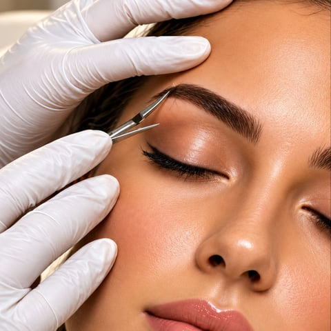 A practitioner assessing the brow area before an aesthetic treatment