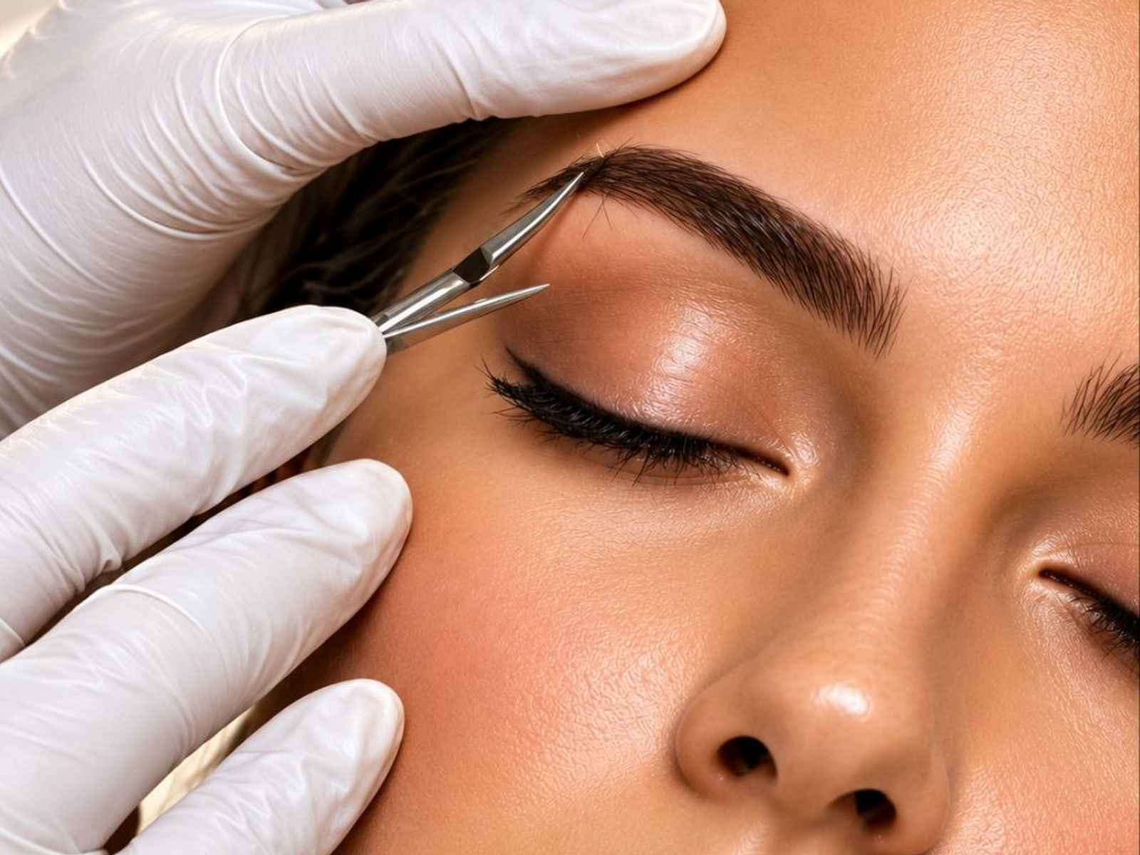 A practitioner in white gloves shaping a client's brow with fine tweezers